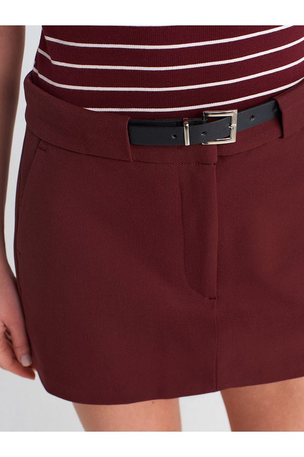 81056 Kemerli Şort Etek-Bordo - 4