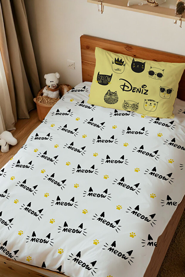 İsme Özel Baskılı %100 Pamuk Tek Kişilik Nevresim Takımı Kediler - 1