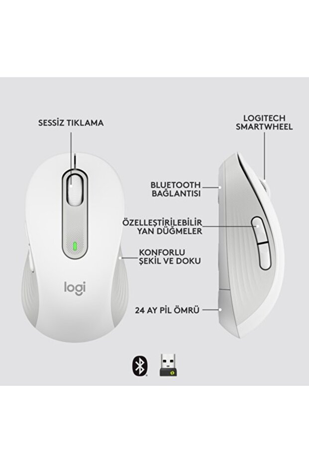 Signature M650 Büyük Boy Sağ El Için Sessiz Kablosuz Mouse Beyaz 910-006238 - 6
