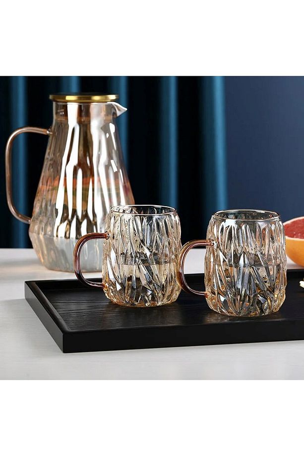 Borosilikat Amber Cam Gold Kapaklı Sürahi 1900 Ml & 2 Adet Borosilikat Cam Kupa 450 ml (MRC) - 1