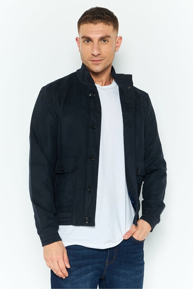 Men Solid Bomber Jacket, Navy - 1