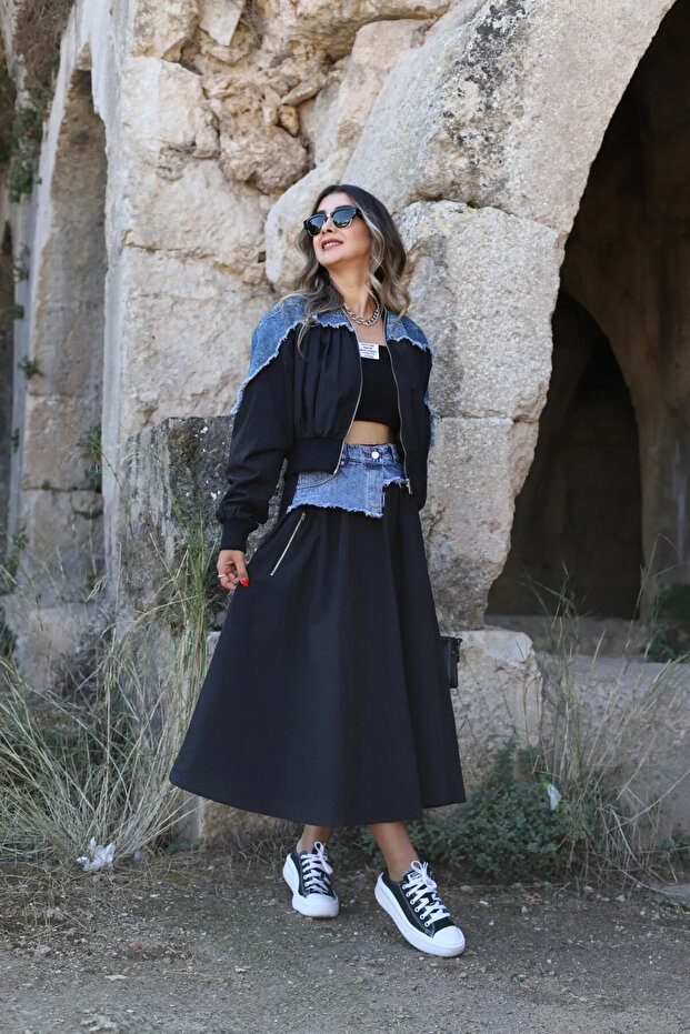 Women's Denim Detail Long Skirt