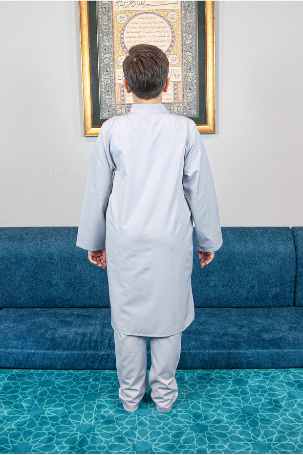 Boy's Gray Afghan Suit - Hajj Umrah Judge Collar, Bottom Top Double - 4