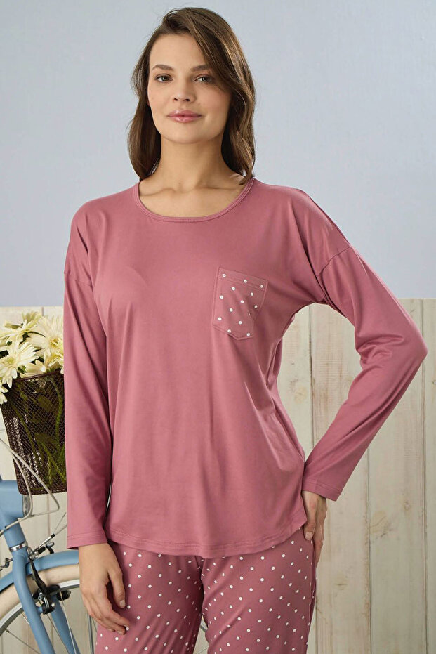 Kadın Pijama Takımı Alt Desenli Uzun Kollu - 2