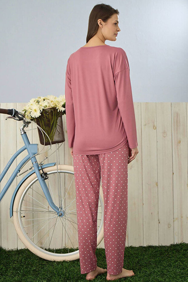 Kadın Pijama Takımı Alt Desenli Uzun Kollu - 3
