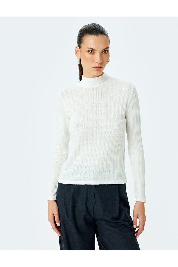Slim Fit Uzun Kollu Dik Yaka Basic Tişört - 3