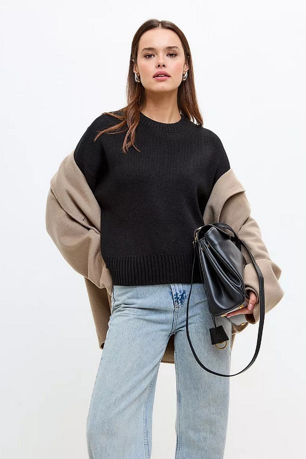 Siyah Bisiklet Yaka Oversize Triko Kazak - 1