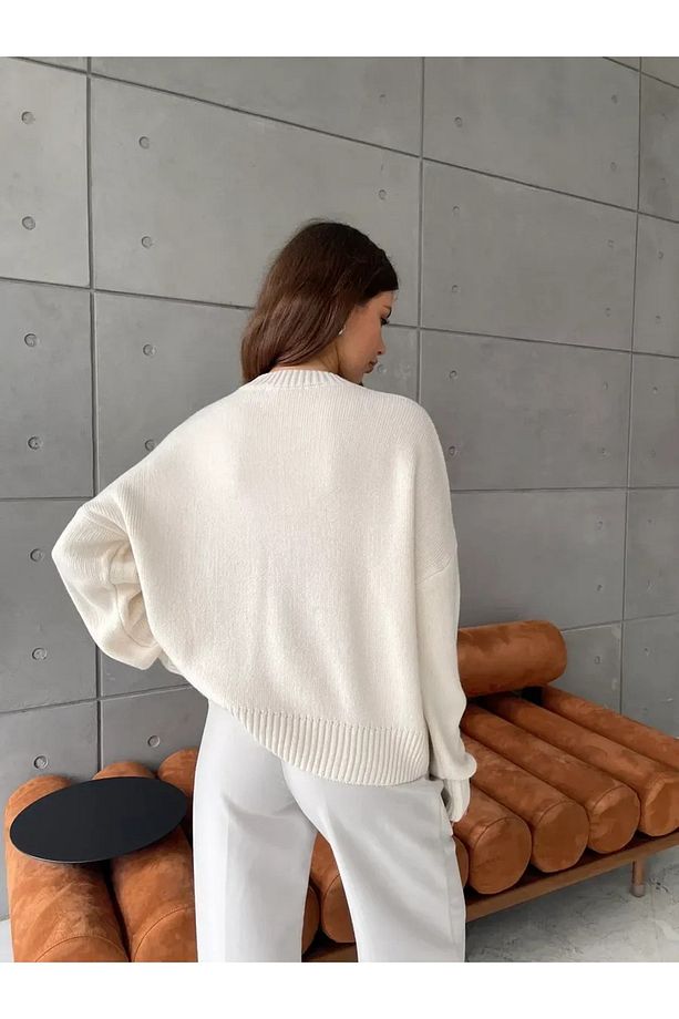 Ekru Bisiklet Yaka Oversize Triko Kazak - 6