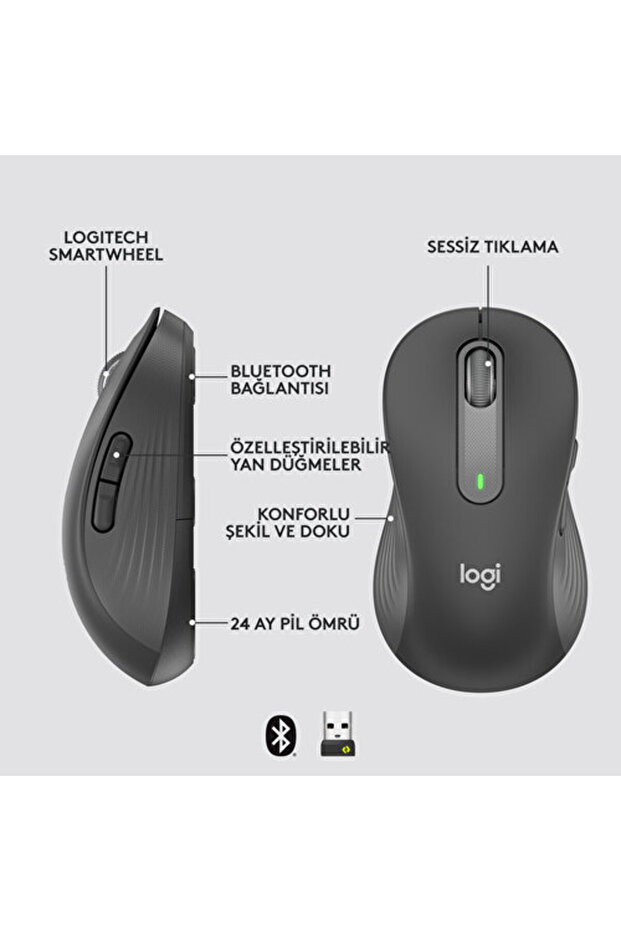 Signature M650 Büyük Boy Sol El Için Sessiz Kablosuz Mouse Siyah 910-006239 - 7
