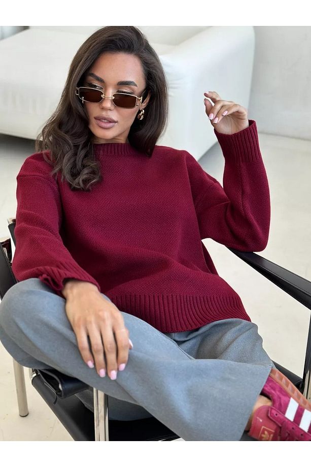 Bordo Bisiklet Yaka Oversize Triko Kazak - 4