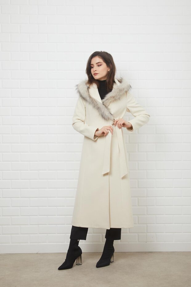 Side-Tied, Snap-Button Closure, Hooded Fur Coat Ecru 3697 - 6