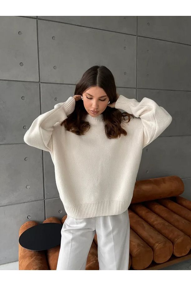 Ekru Bisiklet Yaka Oversize Triko Kazak - 7