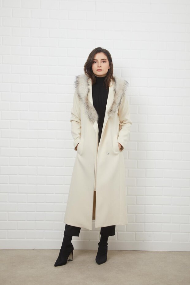 Side-Tied, Snap-Button Closure, Hooded Fur Coat Ecru 3697 - 5