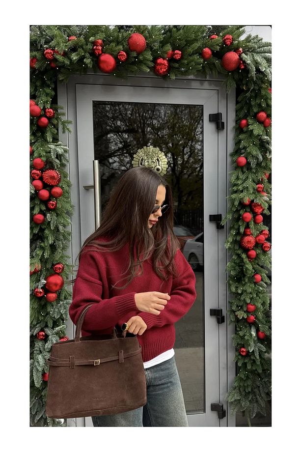 Bordo Bisiklet Yaka Oversize Triko Kazak - 2