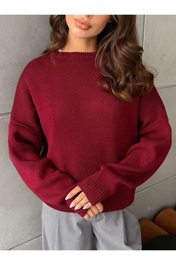 Bordo Bisiklet Yaka Oversize Triko Kazak - 5