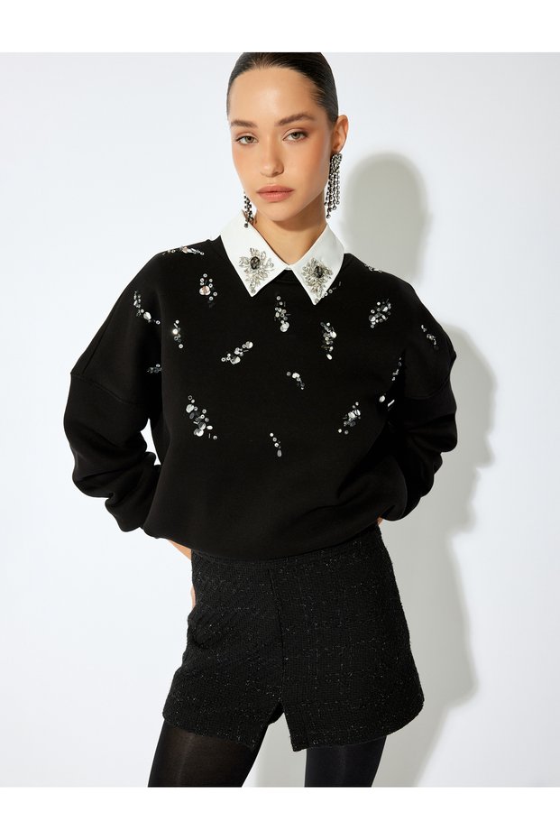 Three Yarn Raised Long Sleeve Crew Neck Sequin Sequined Sweatshirt
