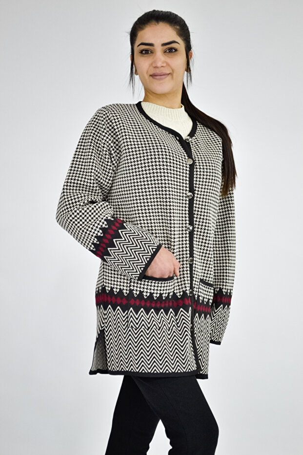 Crew Neck Goose Feet Patterned Jacket - 2