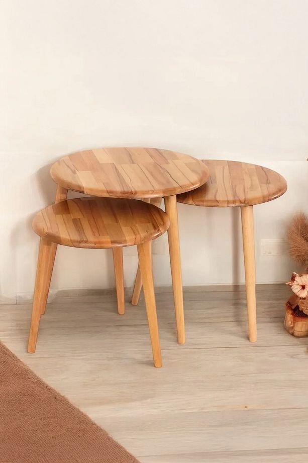 Yuvarlak Masif Doğal Tekli, 2'li, 3'lü Zigon Sehpa Set, Modern Masif Yan Sehpa - 2
