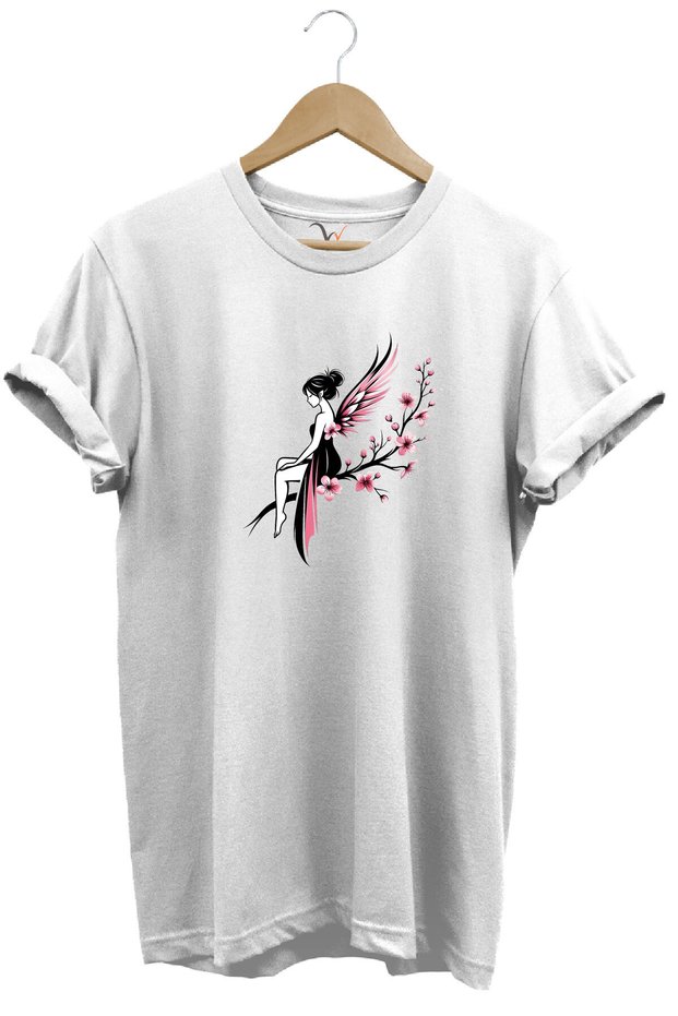 Fairy Girl Printed Stylish Sweet 100% Cotton Regular Fit Crew Neck White T-Shirt