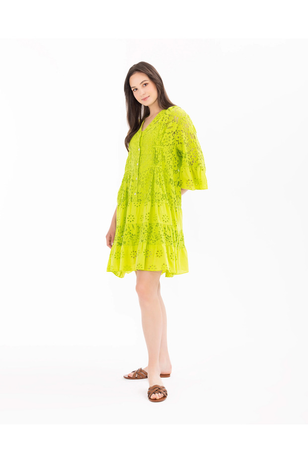 V Yaka Desenli Elbise - 2