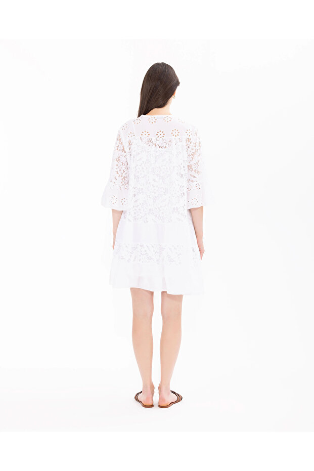 V Yaka Desenli Elbise - 6