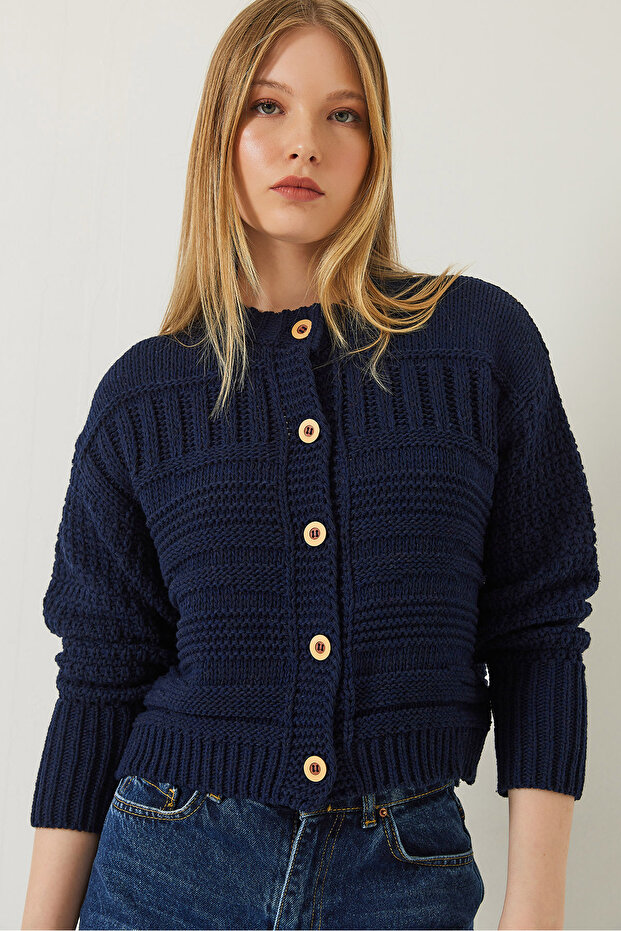 Women's Navy Blue Buttoned Patterned Knitwear Cardigan 20247545