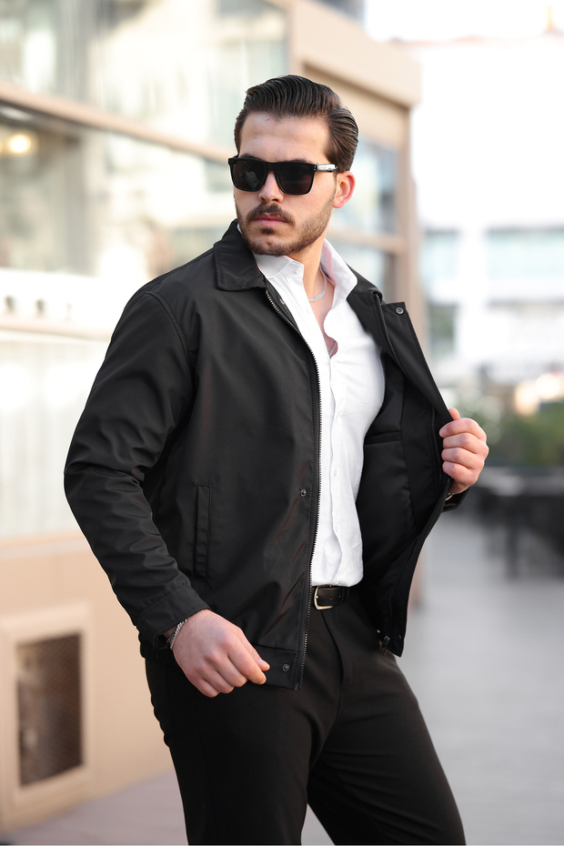 Men's Black Waterproof and Windproof Oversize Relaxed Fit Elastic Waist Lined Seasonal Coat