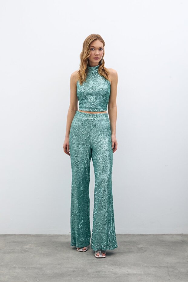 Payetli Salaş Pantolon - Mint - 3