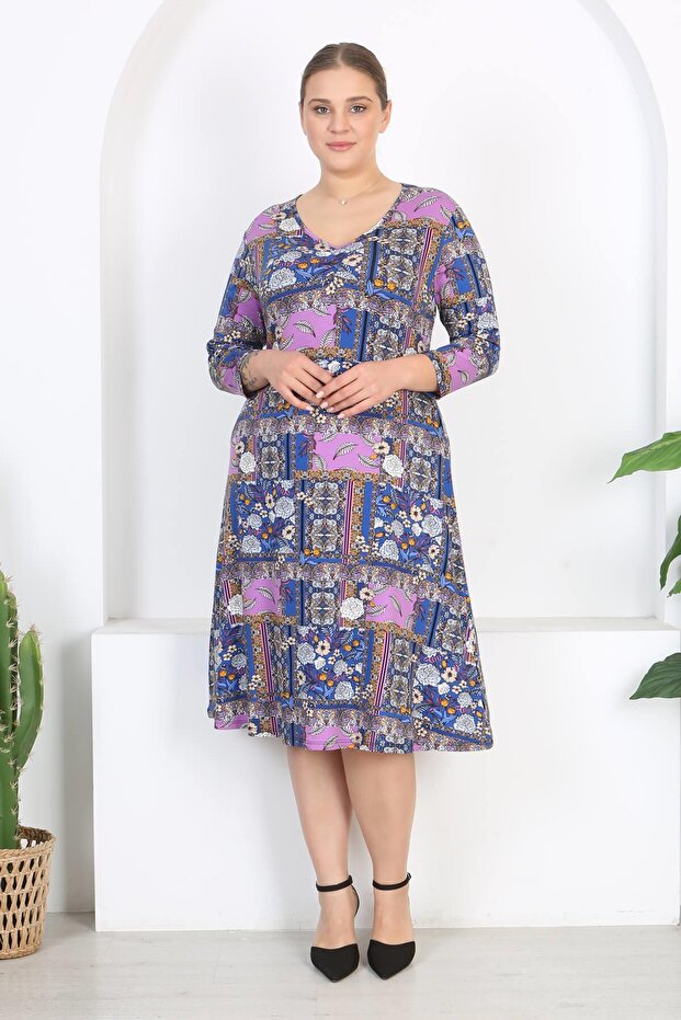 Women's Blue Purple Patchwork Pattern V Neck Three Quarter Sleeve Plus Size Stretchy Dress
