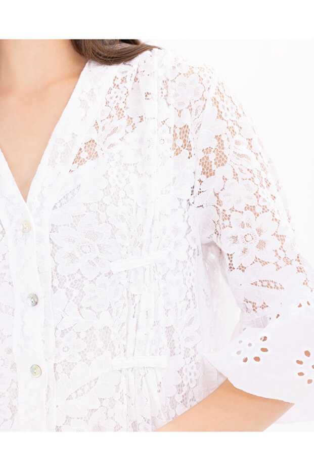 V Yaka Desenli Elbise - 7