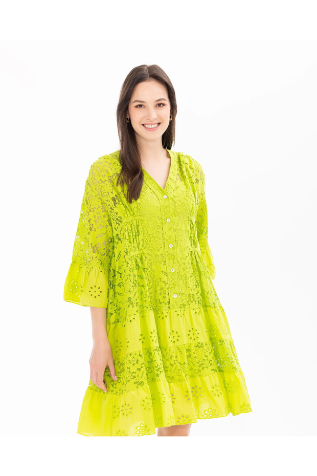 V Yaka Desenli Elbise - 3