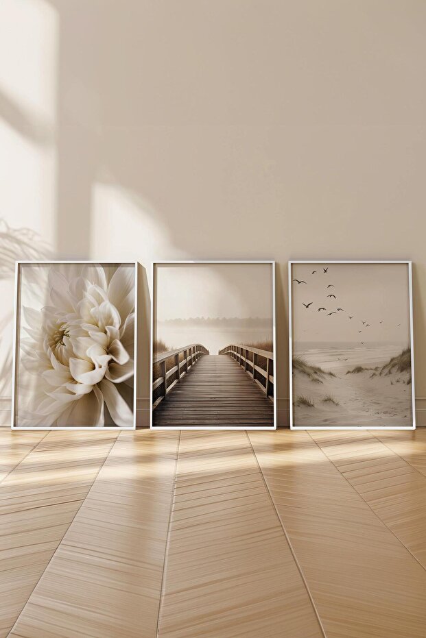 Beyaz Çerçeveli Tablo Seti, Bej Duvar Tablosu, 3 Adet Poster Seti, No:300693 - 3