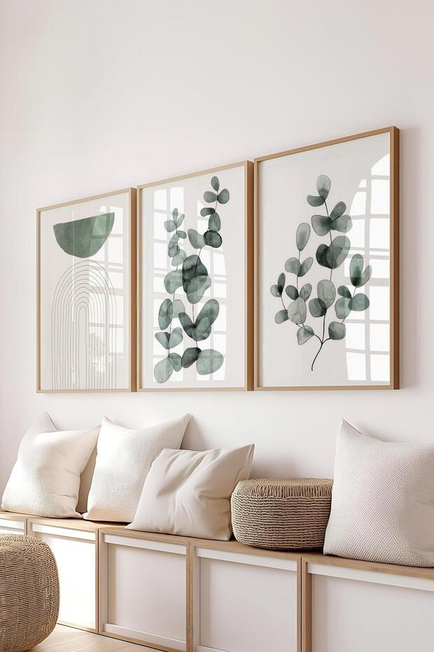 Ahşap Çerçeveli Tablo Seti, Yeşil Çiçek ve Boho Duvar Tablosu, 3 Adet Poster Seti, No:300747 - 1