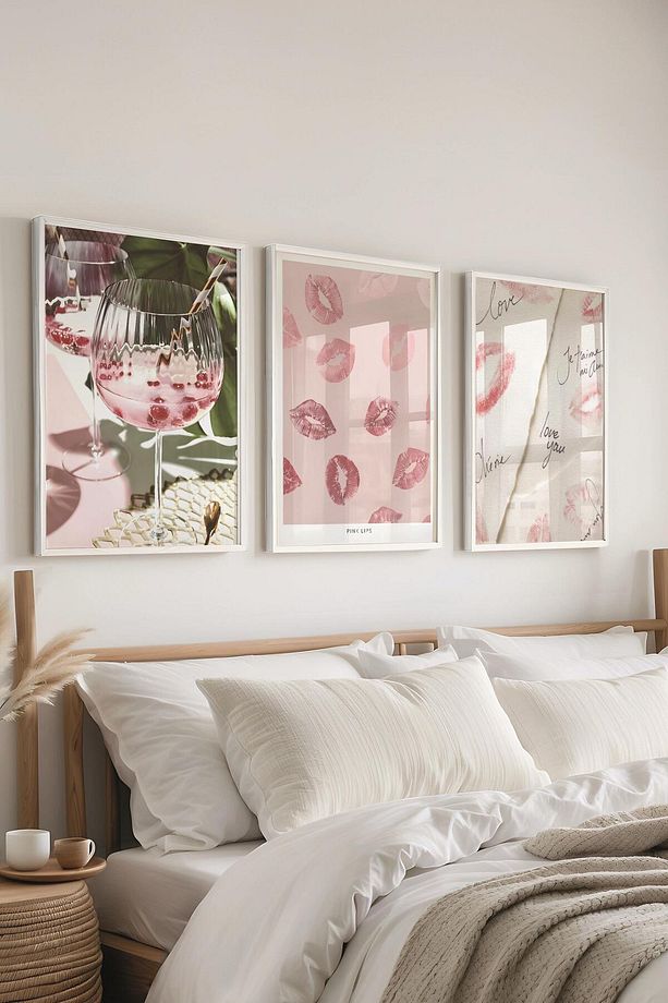 Beyaz Çerçeveli Tablo Seti, Soft Pembe Duvar Tablosu, 3 Adet Poster Seti, No:300715 - 1