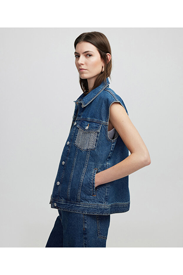 Hotfix baskılı denim yelek - 6