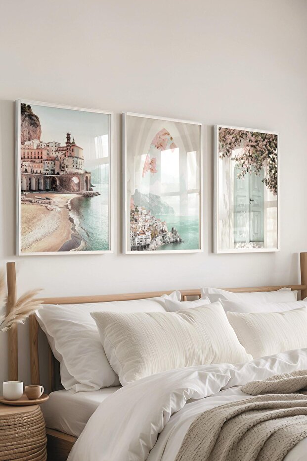 Beyaz Çerçeveli Tablo Seti, Soft Pembe ve Mavi Duvar Tablosu, 3 Adet Poster Seti, No:300736 - 1