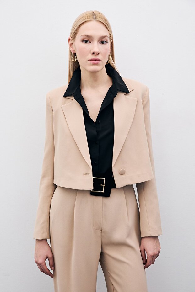 Kısa Krep Ceket - Bej - 1