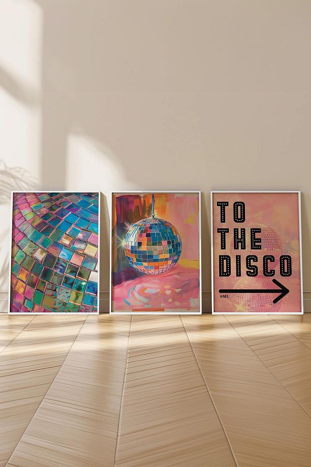 Beyaz Çerçeveli Tablo Seti, Disko Topu Maximalist Duvar Tablosu, 3 Adet Poster Seti, No:300790 - 3