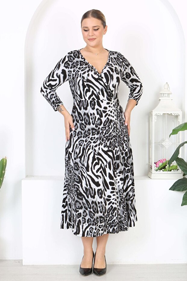 Women's Grey Black Leopard Print Long Sleeve Double Breasted Collar Plus Size Maxi Dress