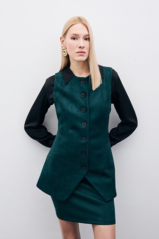 سترة طويلة من جلد الغزال بأزرار - زمرد - 3