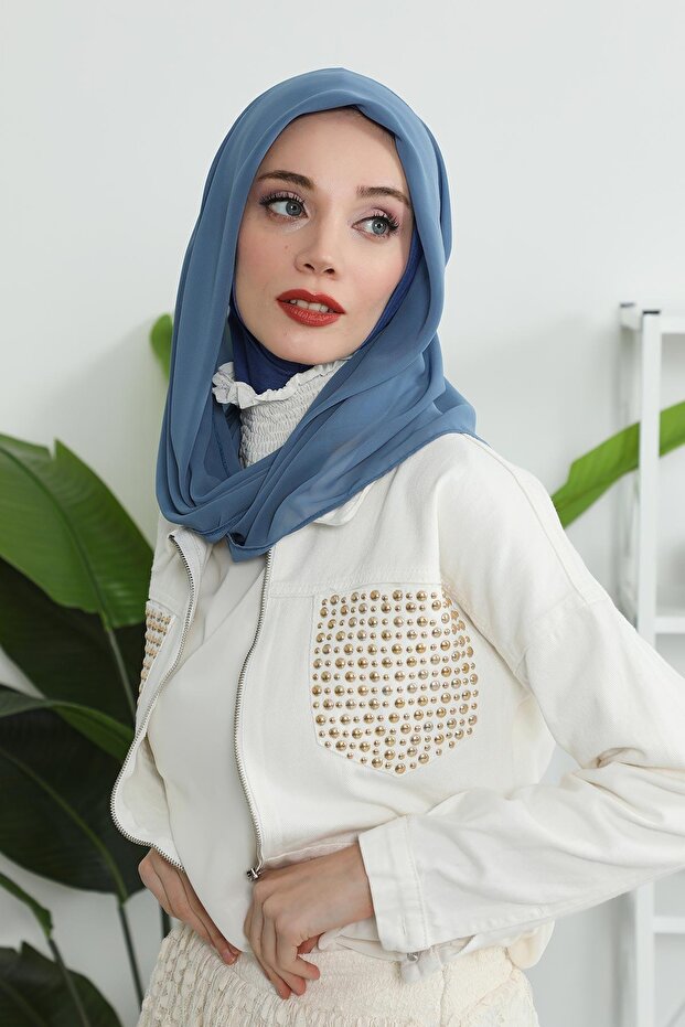 وشاح شيفون عملي من القطن الممشط مع دعامات داخلية، لون نيلي - نيلي، PS-45