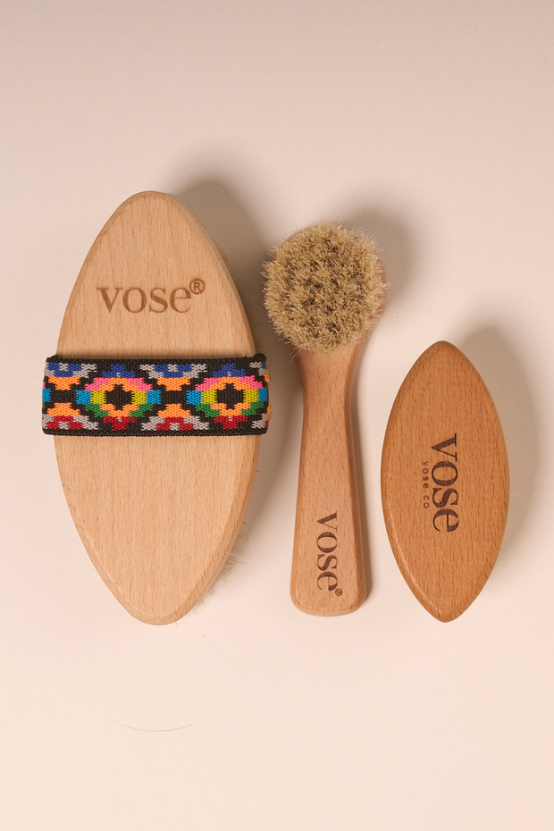 Set of 3 Natural Horsehair Cellulite Brush (Tulip) + Face Brush + Nail Brush