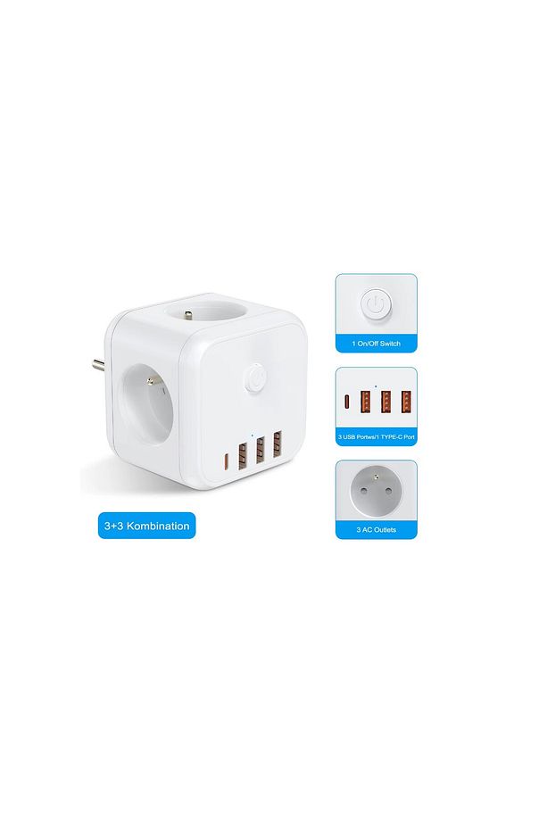 3 SOKETLİ 3XUSB+TYPE-C AKIM KORUMALI PRİZ, 7 in 1 Priz, - 5