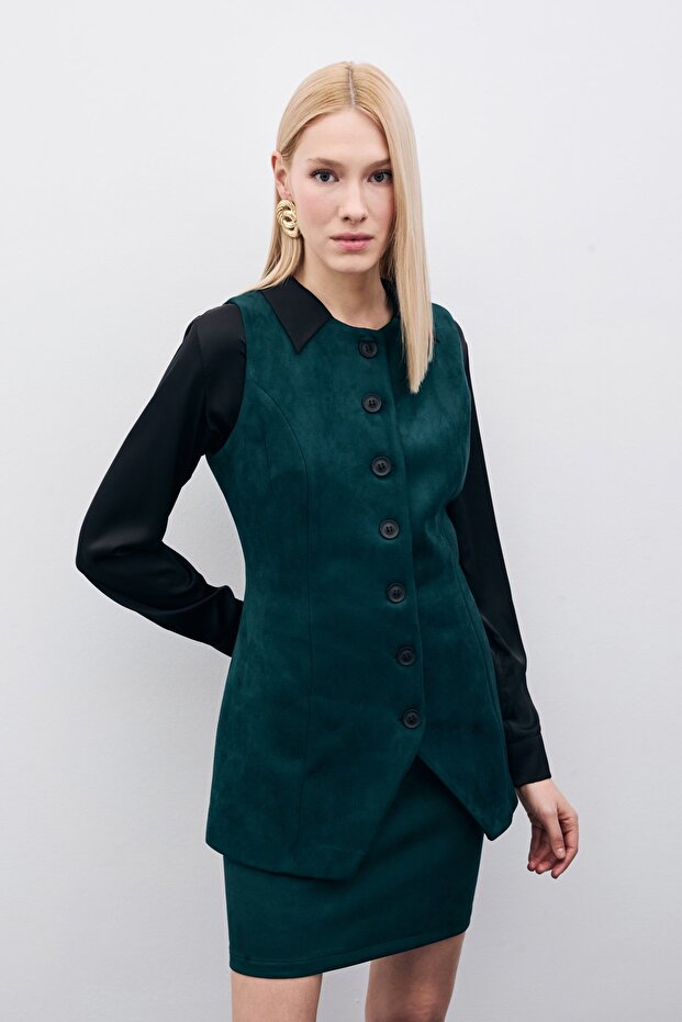 سترة طويلة من جلد الغزال بأزرار - زمرد - 2