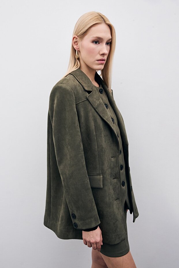 Buttoned Suede Jacket - Khaki - 5