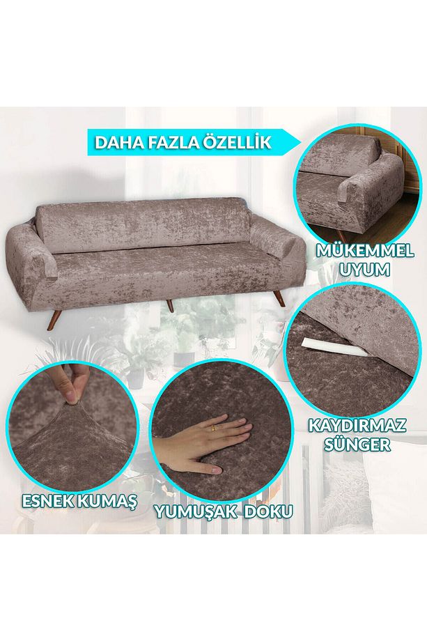 Parlak Kadife 3 3 1 1 Lastikli Kanepe Örtüsü | Lastikli Koltuk Örtüsü | Koltuk Kılıfı Takımı - 4