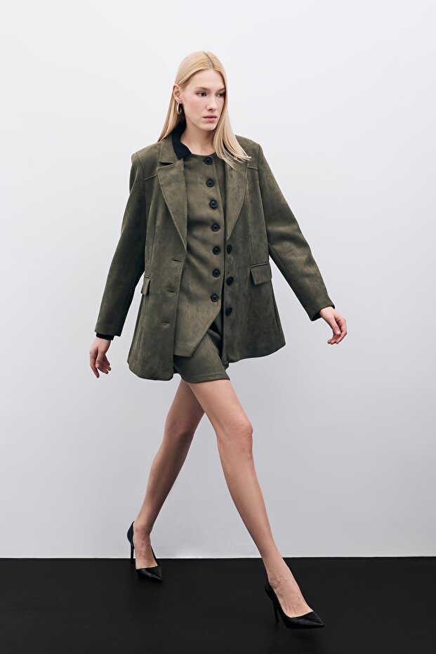 Buttoned Suede Jacket - Khaki - 1