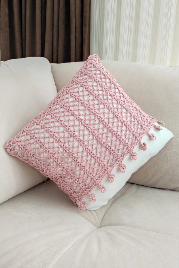 Knitted, Zippered, Handmade Decorative Pillow and Throw Pillow Cover with White Fabric Cover