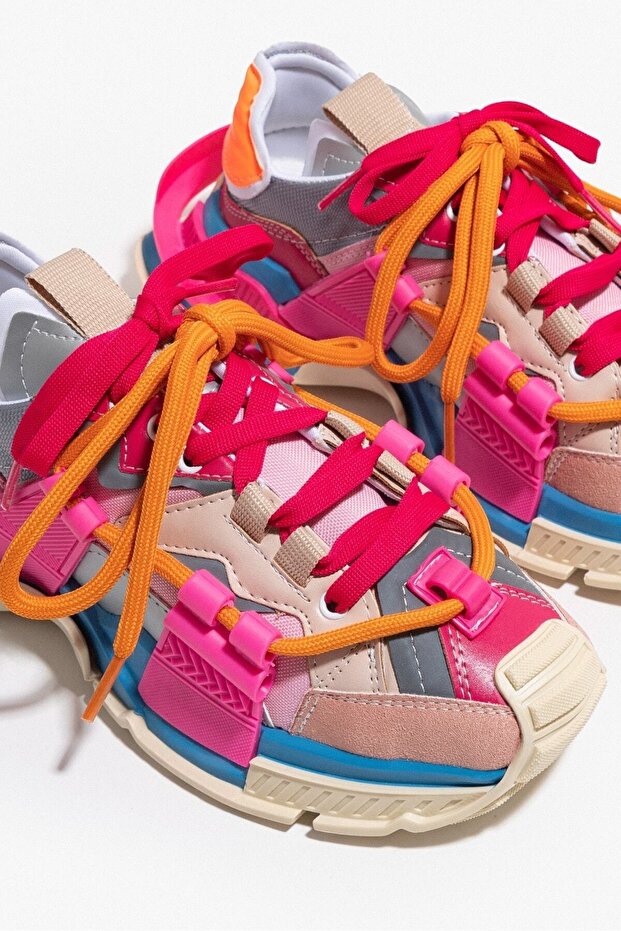 Oslo bézs kék fukszia matt csipke részletes, vastag talpú női sportcipő - 7