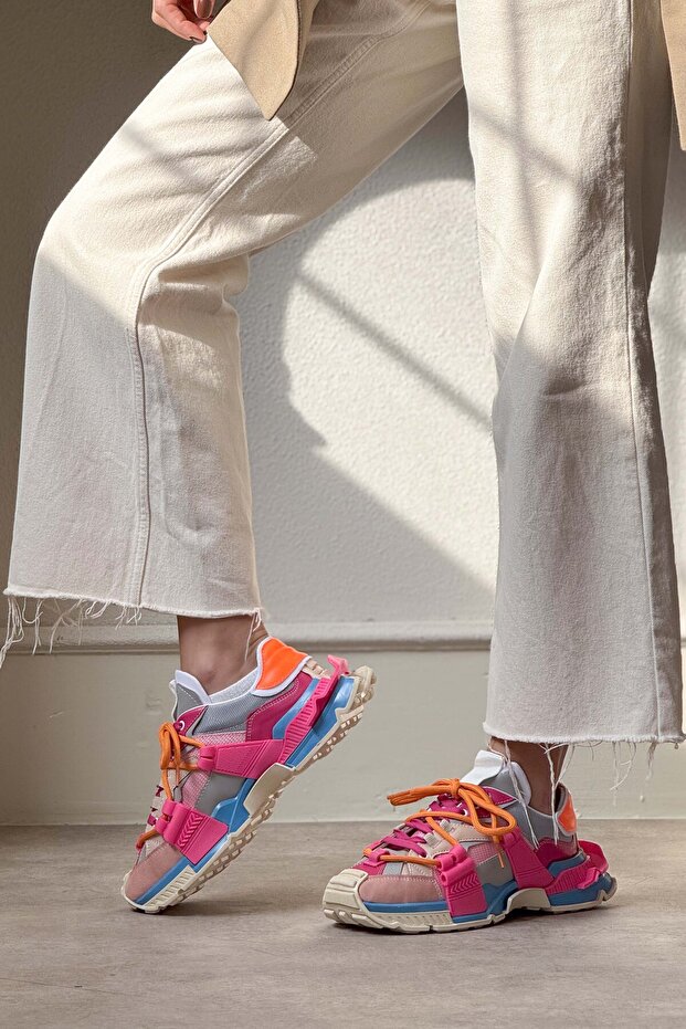 Oslo bézs kék fukszia matt csipke részletes, vastag talpú női sportcipő - 2